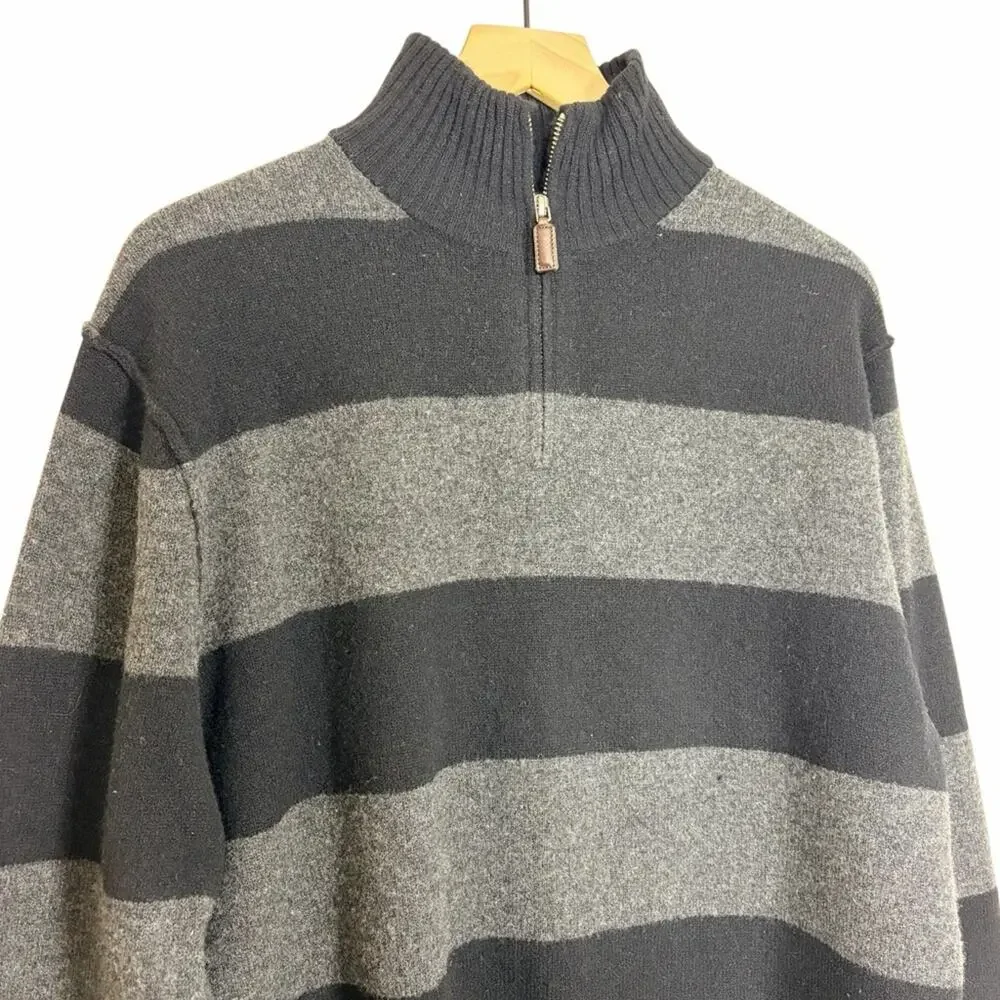 J. Crew Sweater Size Large Black Gray Striped 1/4 Zip 100% Lambswool 